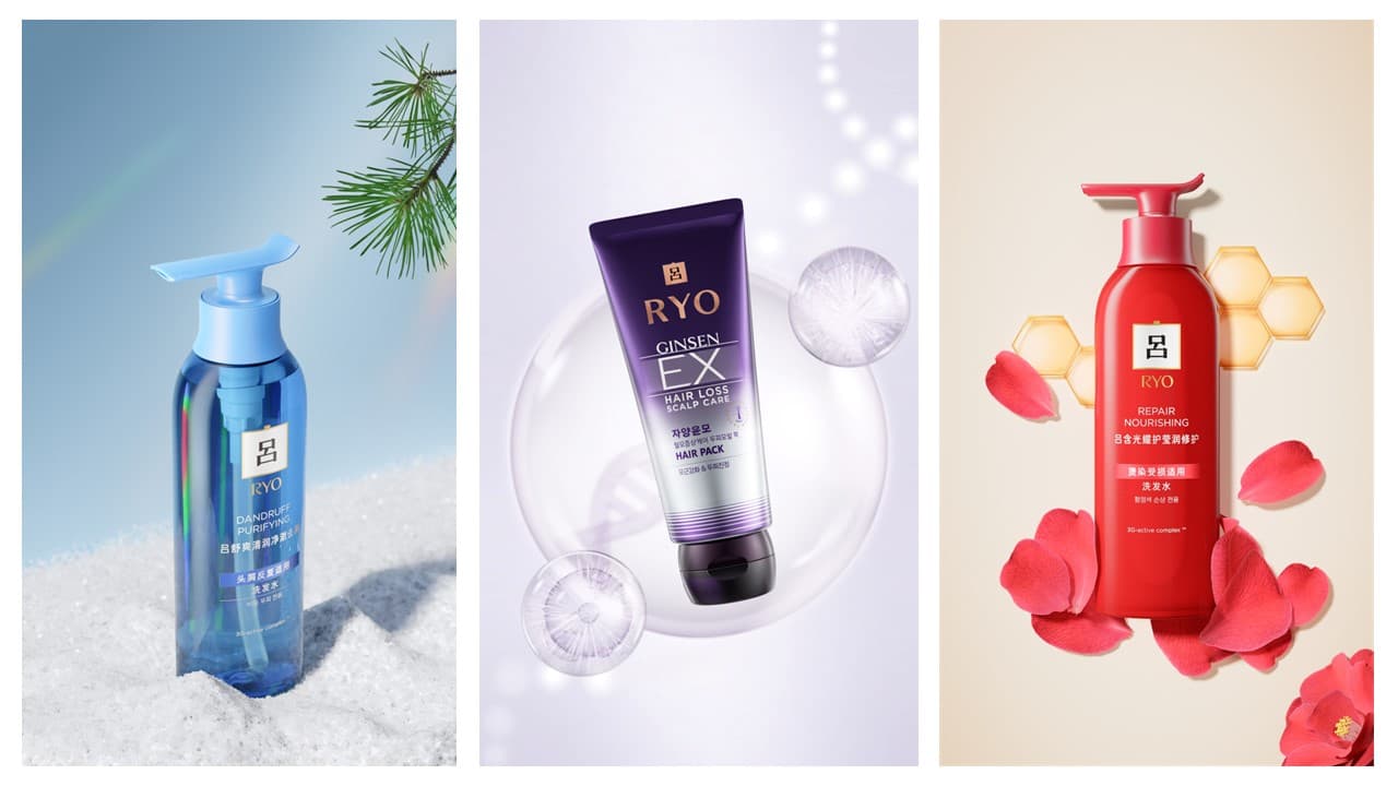 Three RYO haircare bottles rendered in snow, water and petal environments