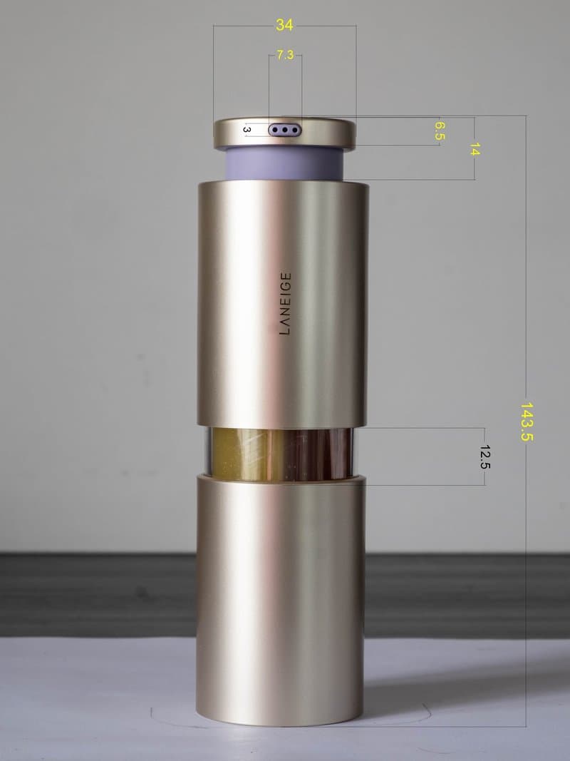 Reference photo of a Laneige serum annotated with its measurements in millimetres