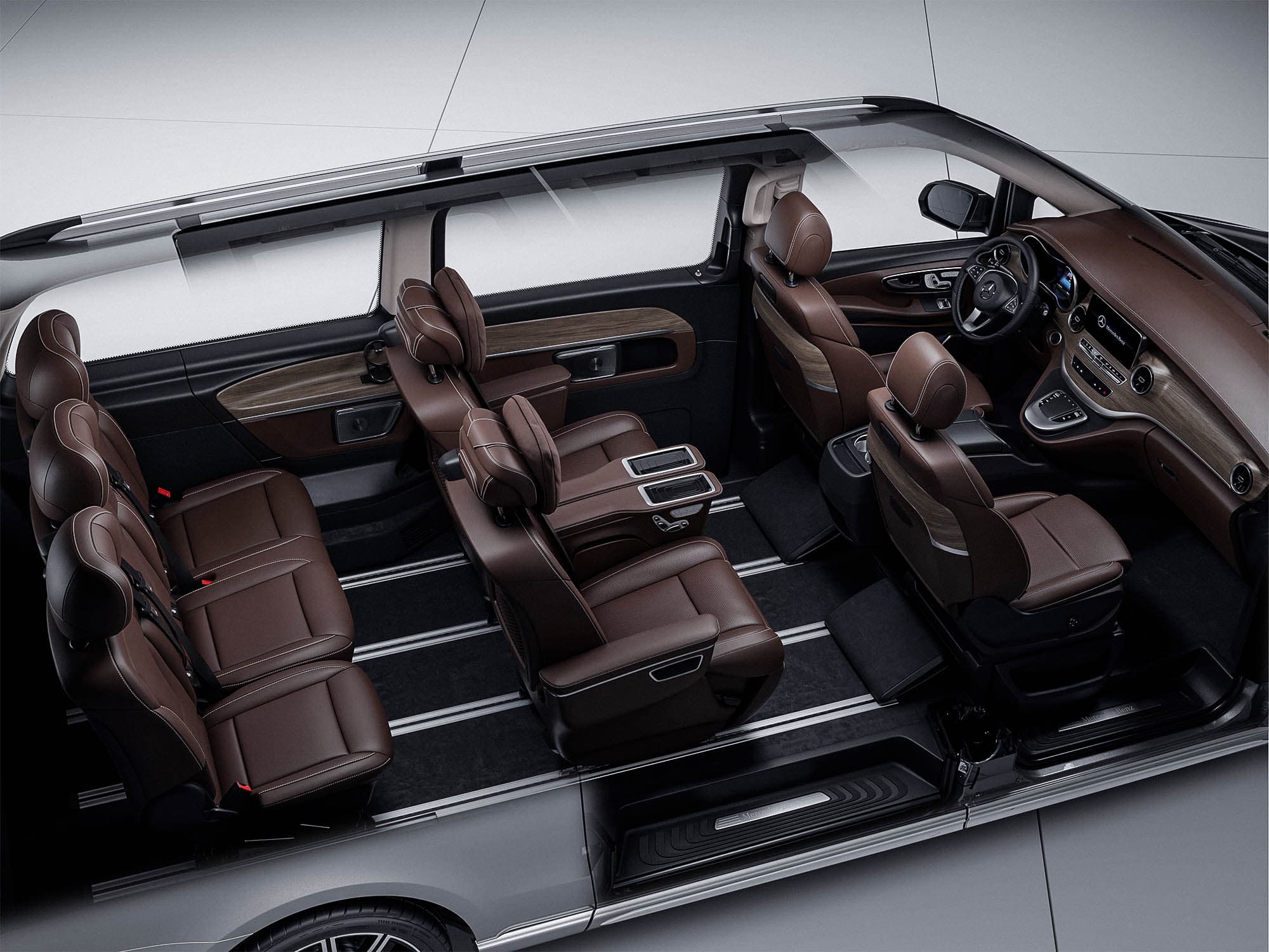 The V-Class seen from above, with the roof removed to reveal the full seating layout