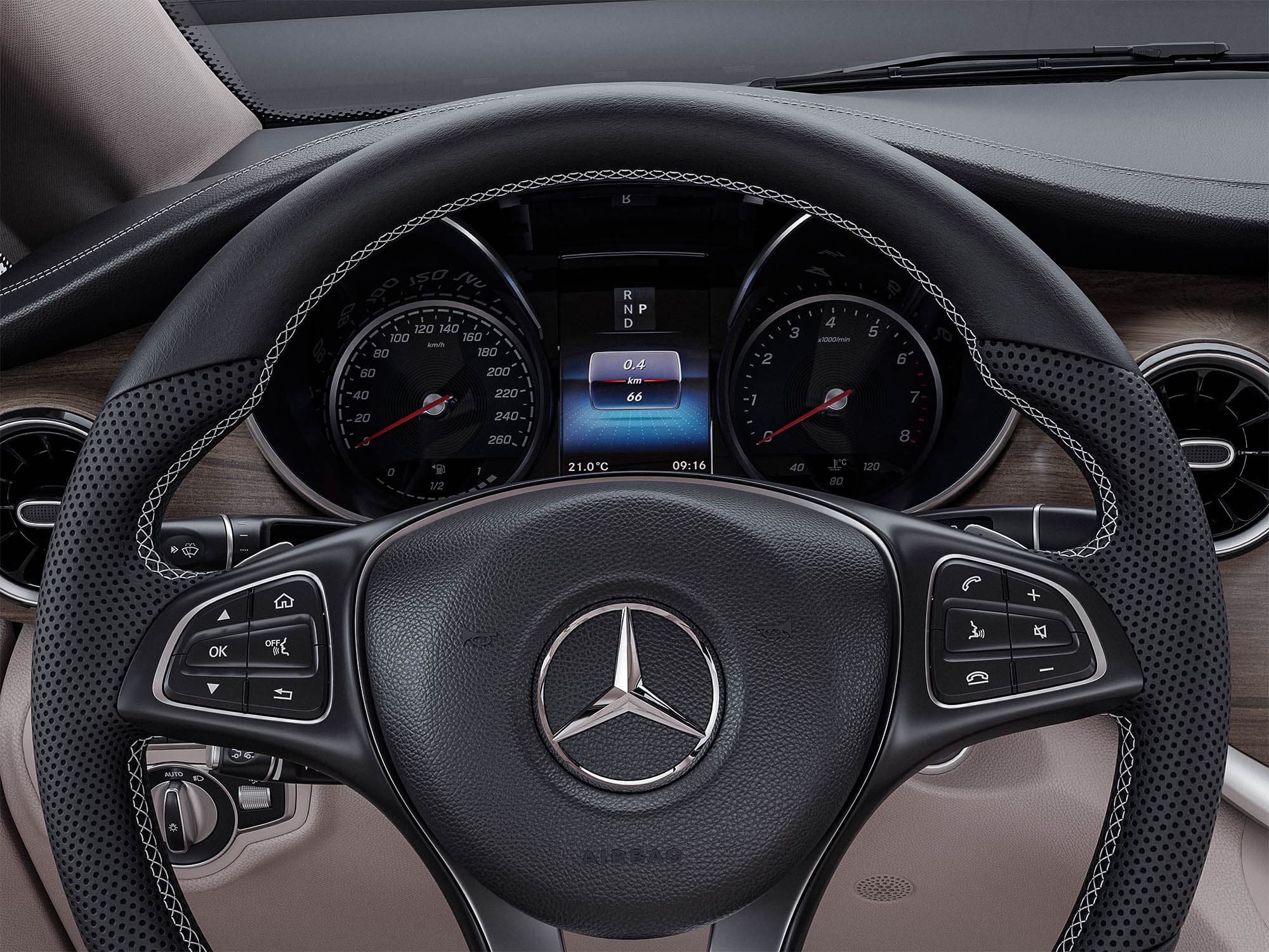 Close-up of the V-Class steering wheel and instrument cluster