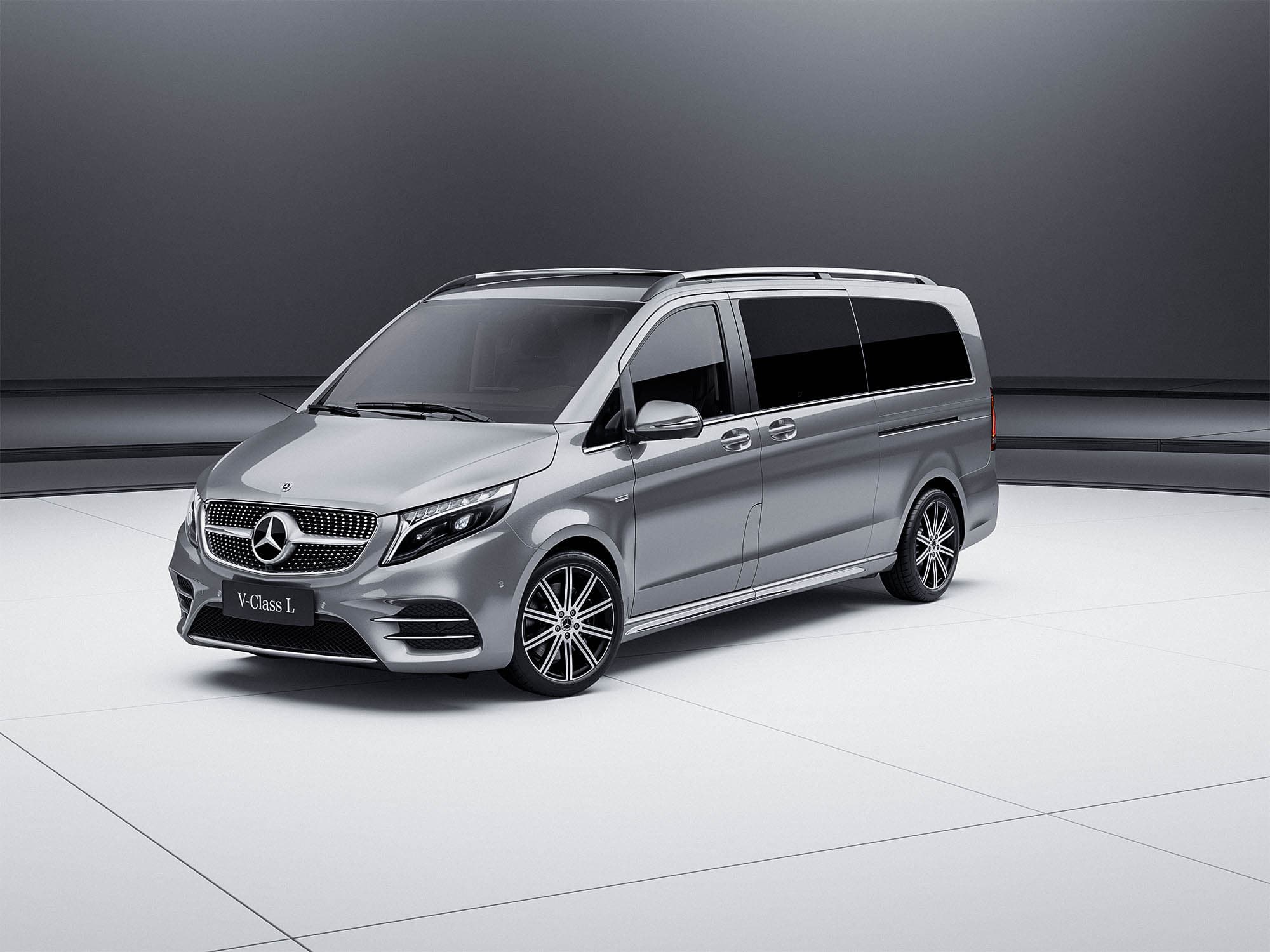 V-Class L in silver, three-quarter front view in a grey studio