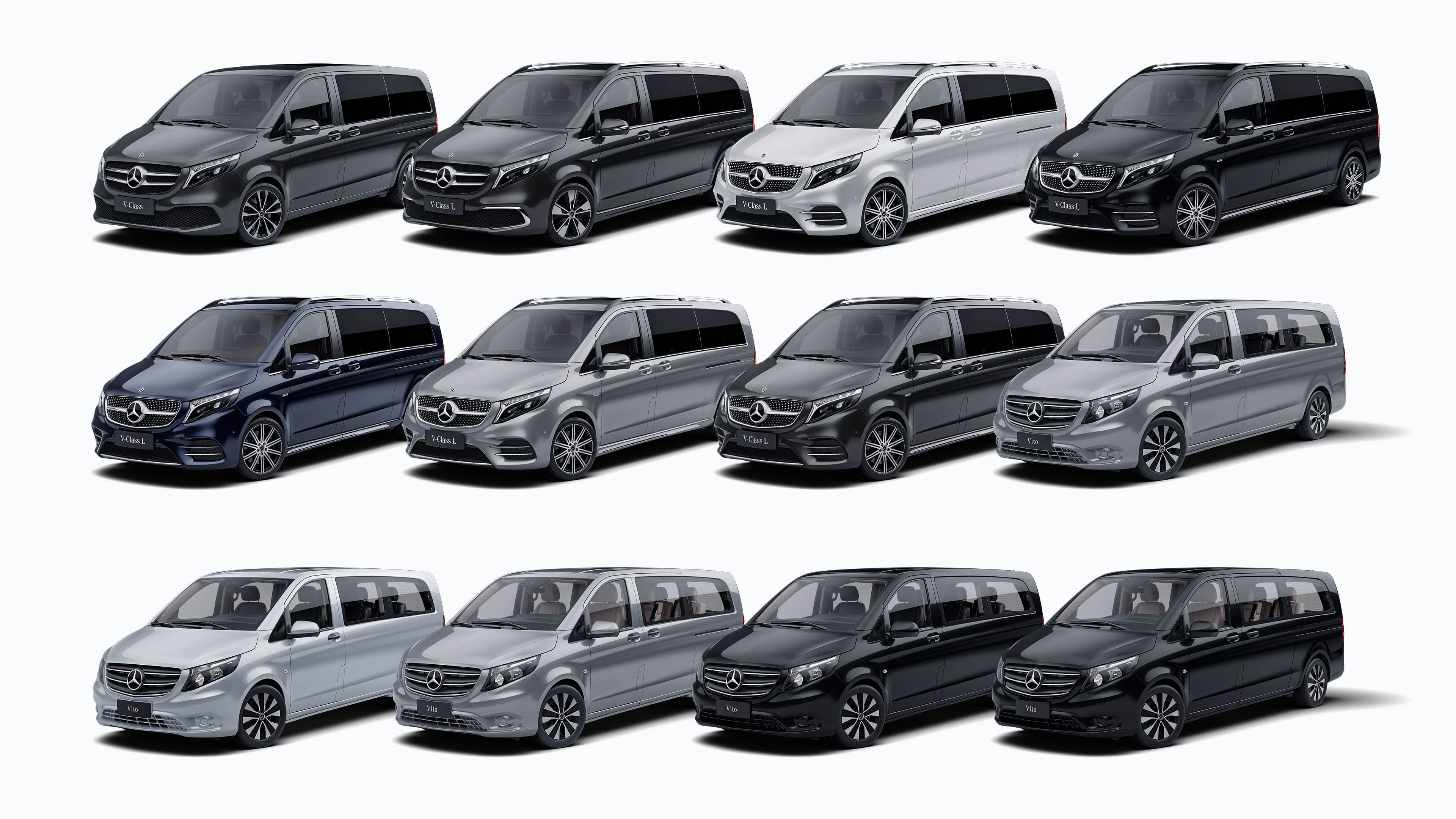 Twelve V-Class and Vito variants in different colours, rendered from one digital twin