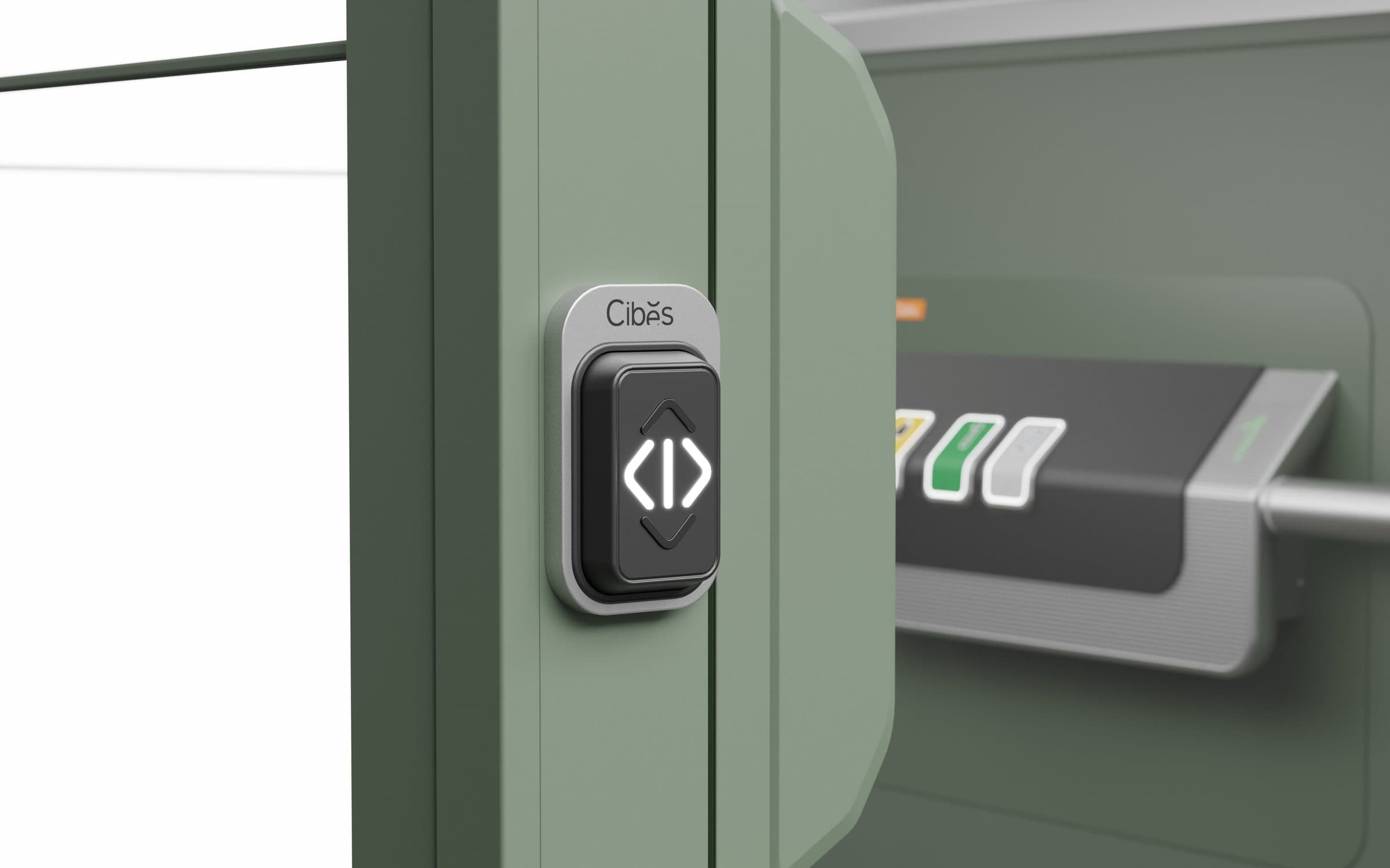 Cibes landing call button and control panel on a green Cloud Plus lift frame