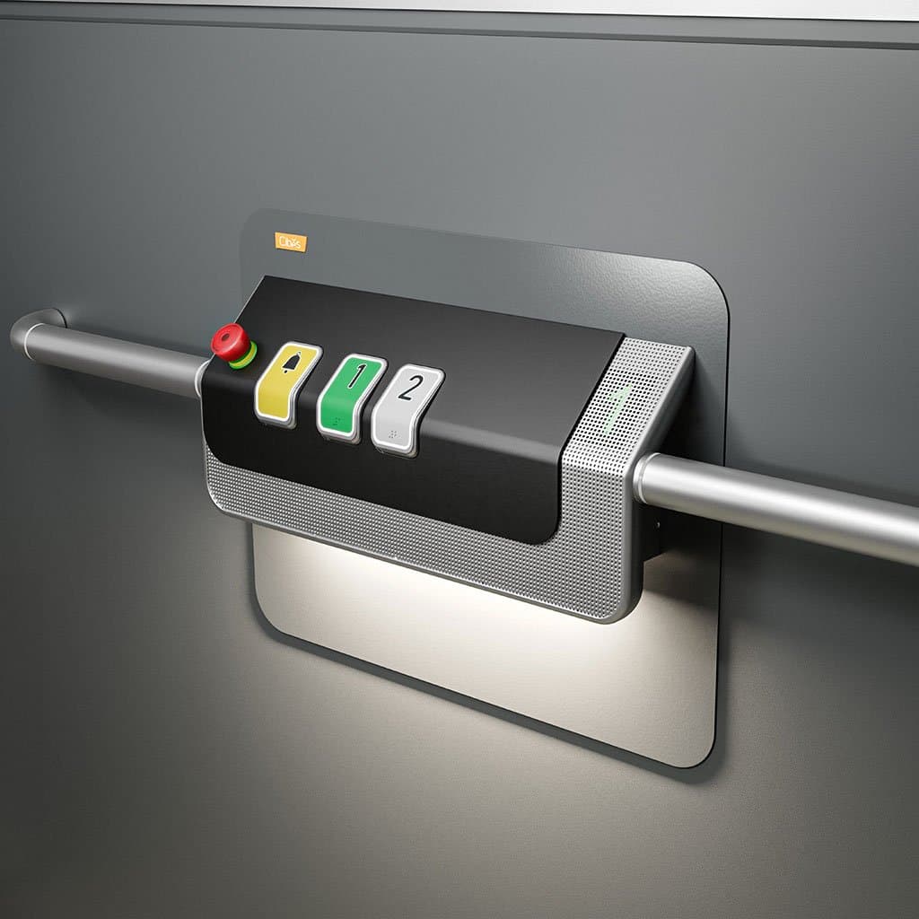 Cibes Cloud Plus control panel with illuminated buttons on a grey lift wall