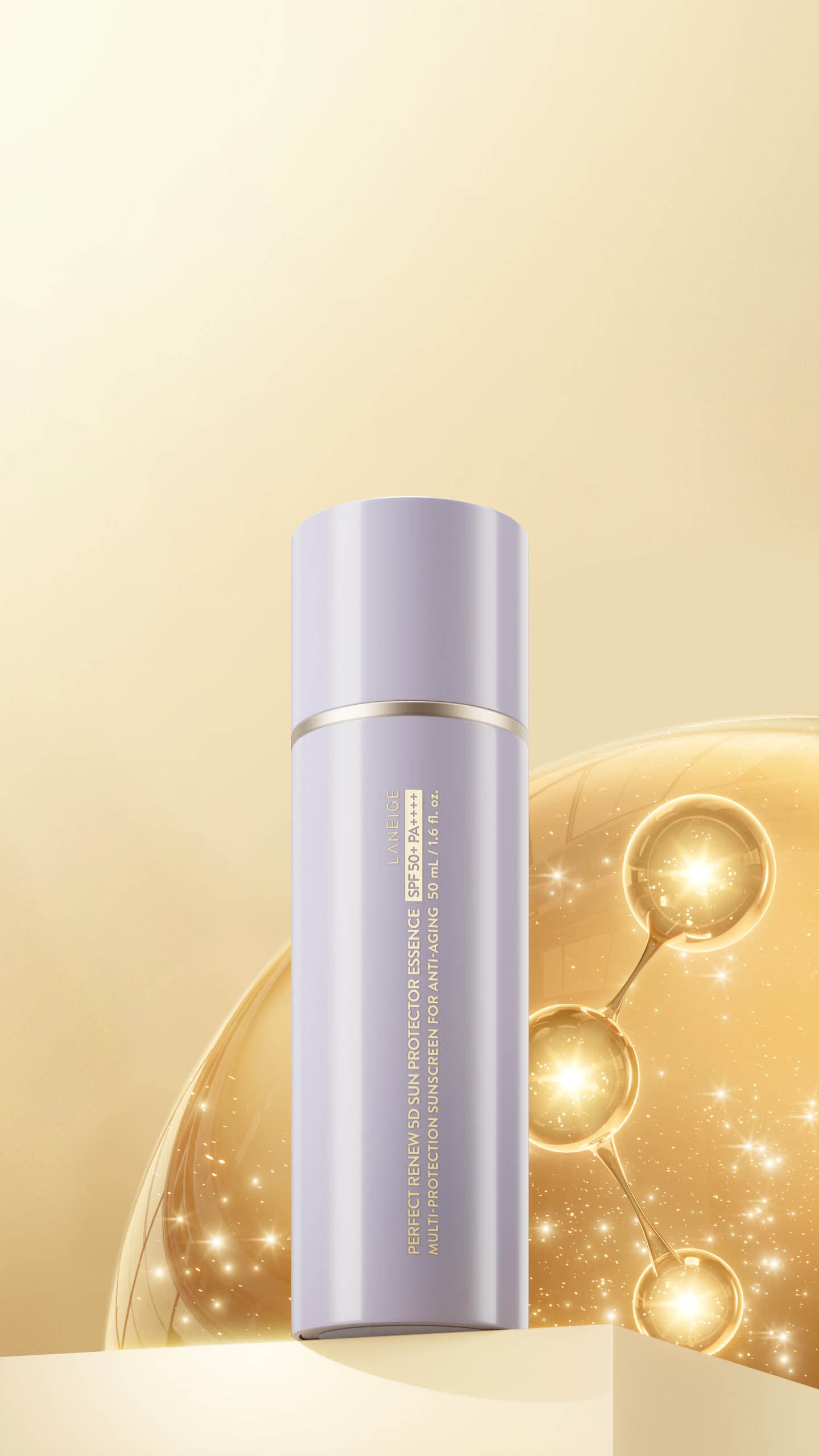 Laneige sun protector essence on a plinth with golden light bubbles