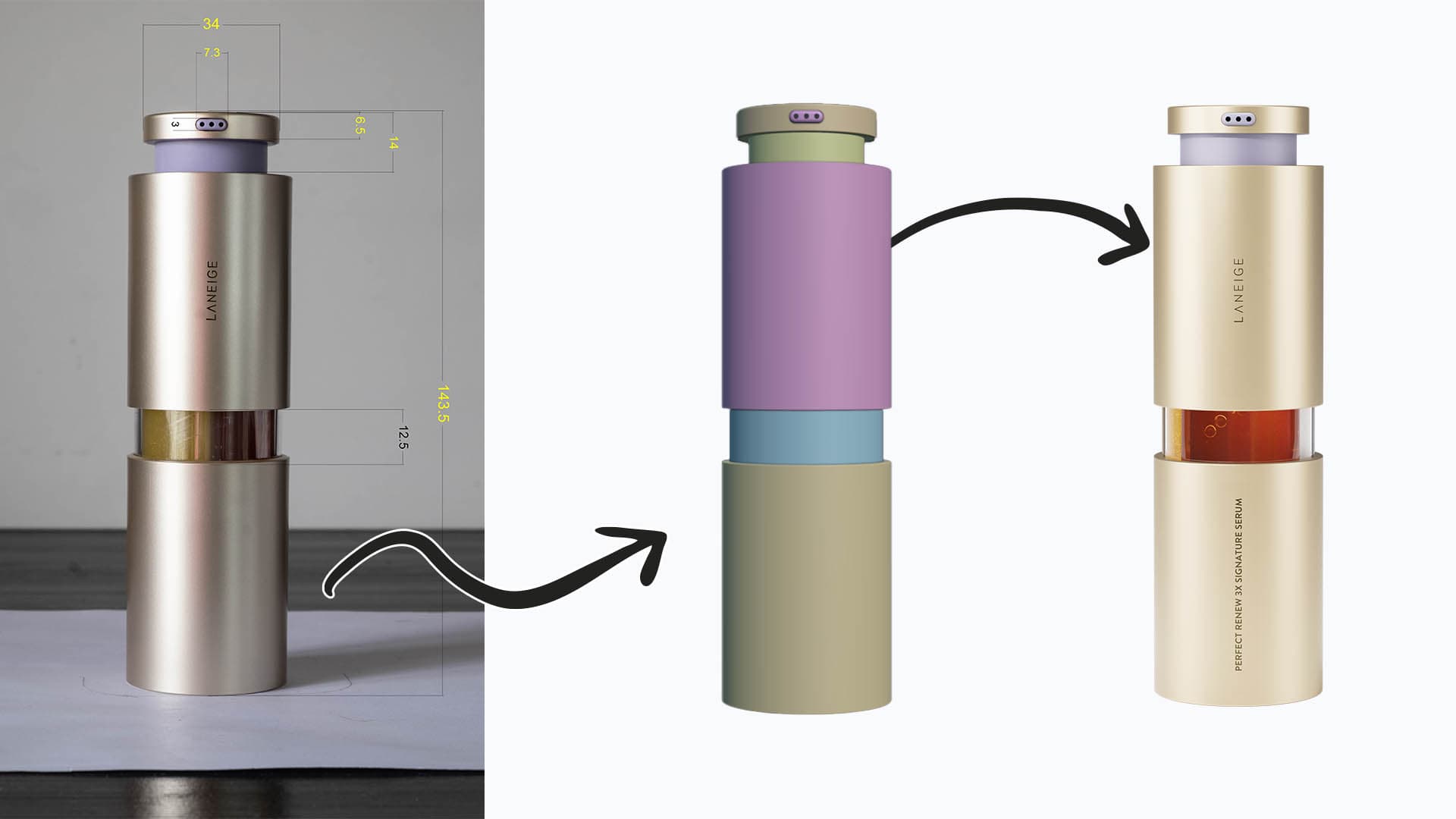 Measured reference photo of a Laneige serum next to its blockout model and final render