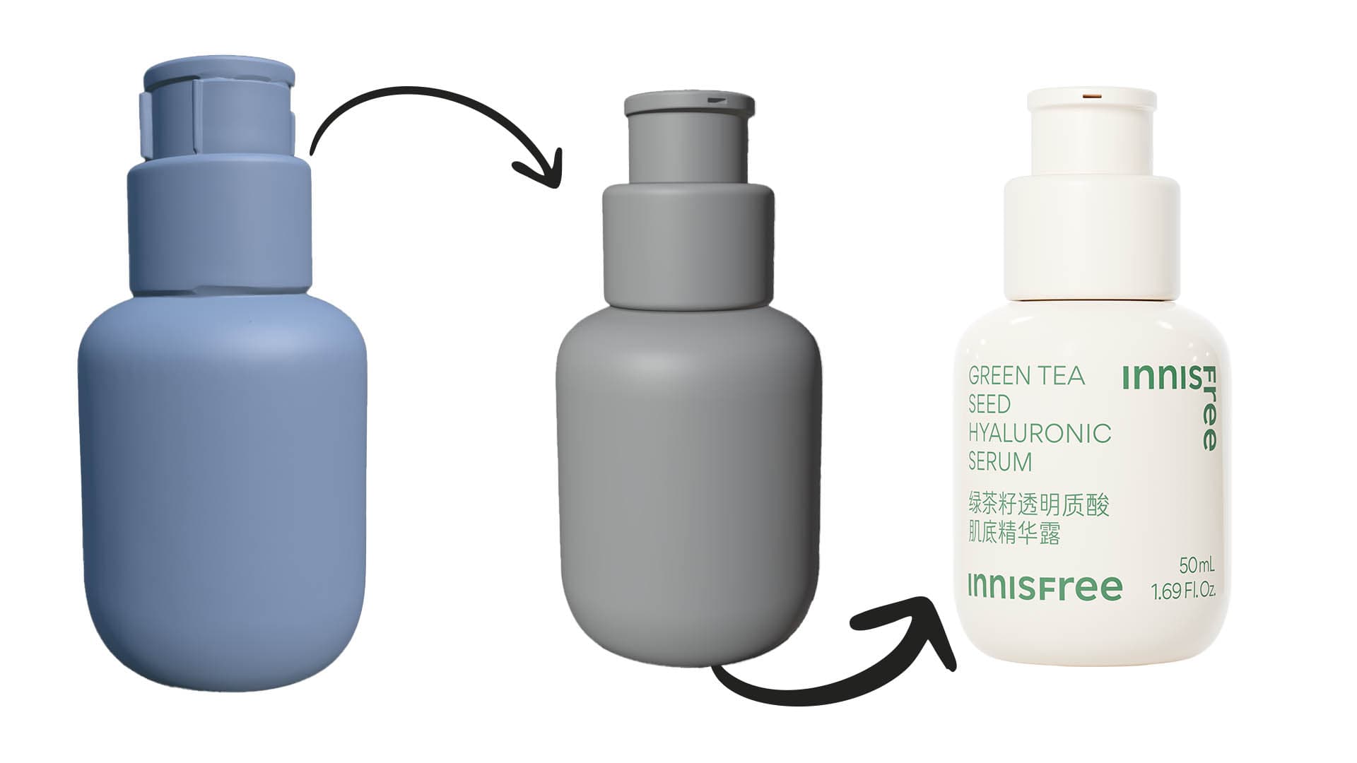 Scanned Innisfree bottle next to its clean model and final render