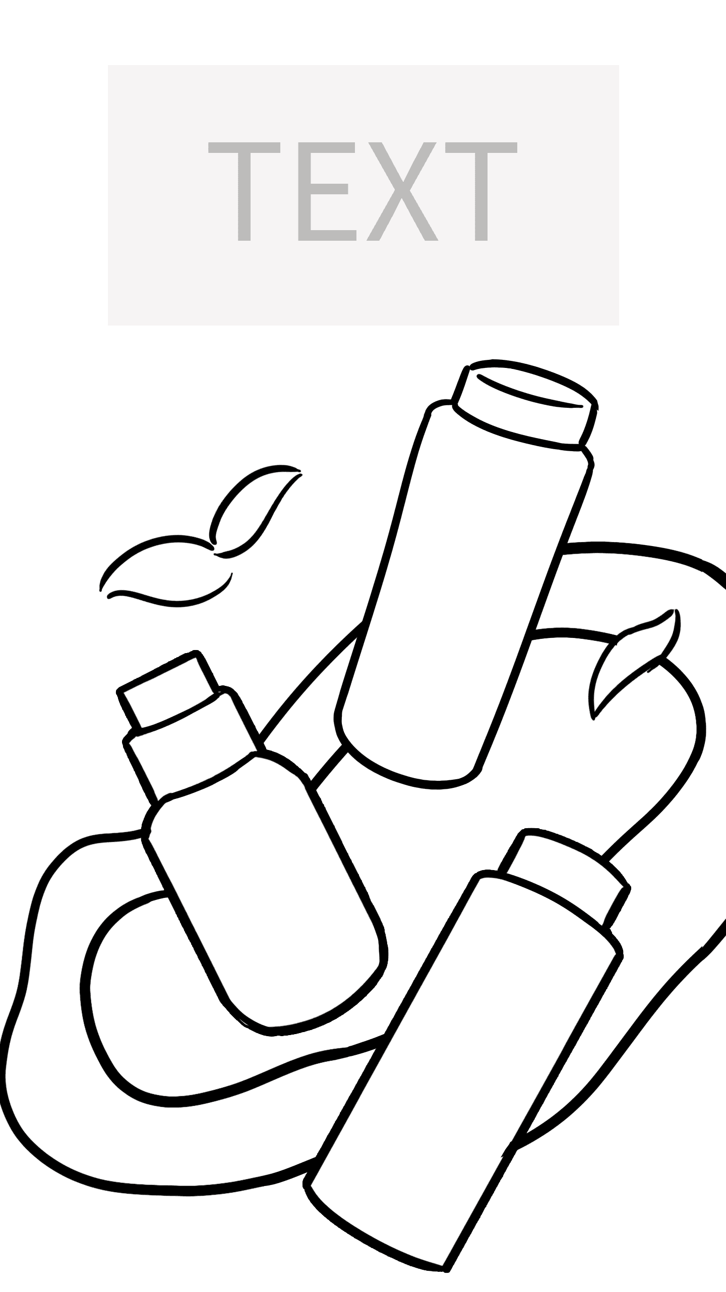 Line sketch of three bottles with leaves and a text block, the first composition study