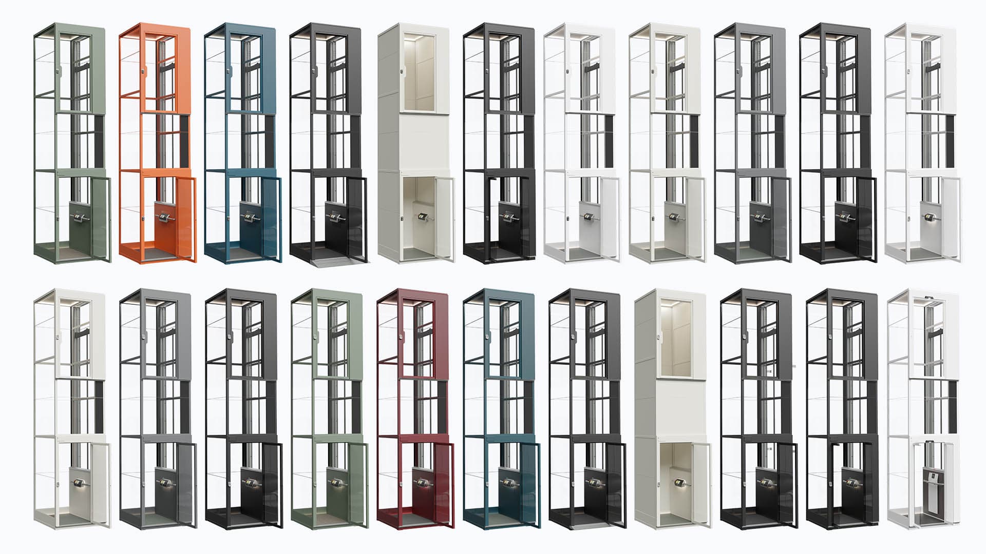Twenty-two colour and finish combinations of the Cibes Cloud Plus home lift