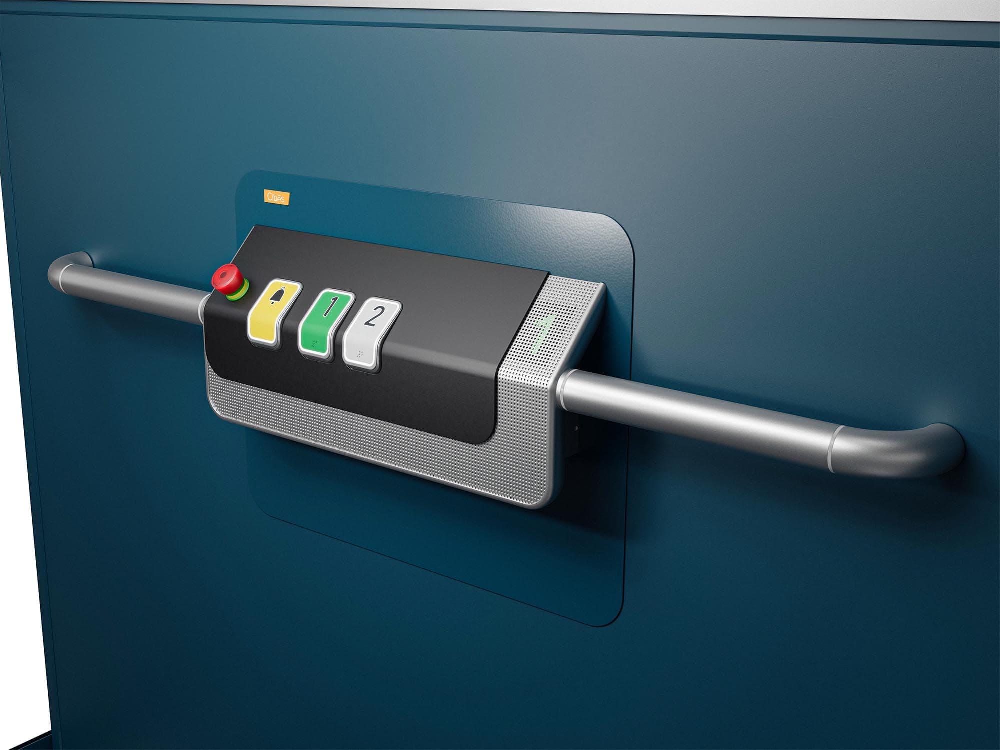 Cibes control panel with handrail on an azure blue lift wall