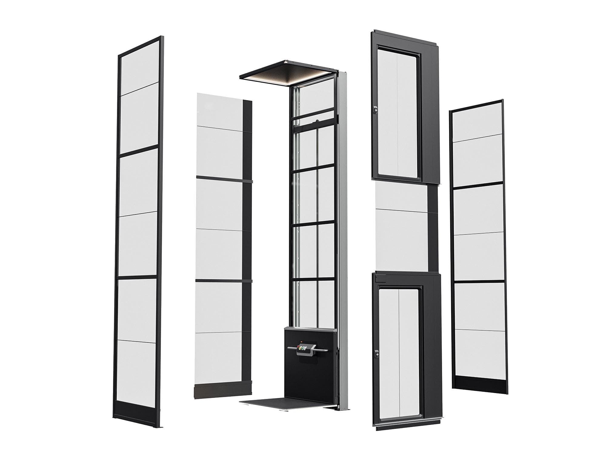 Exploded view of the Cloud Plus showing its glass panels, doors and platform