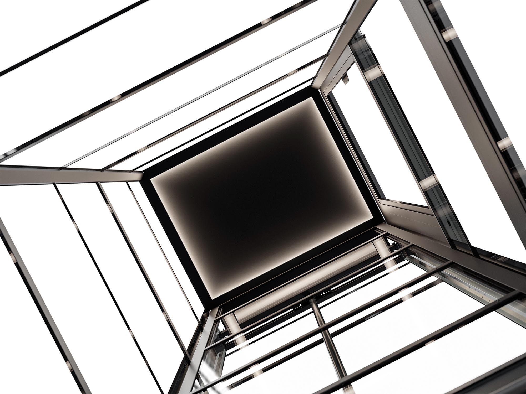 View up through the lift shaft to the illuminated ceiling platform