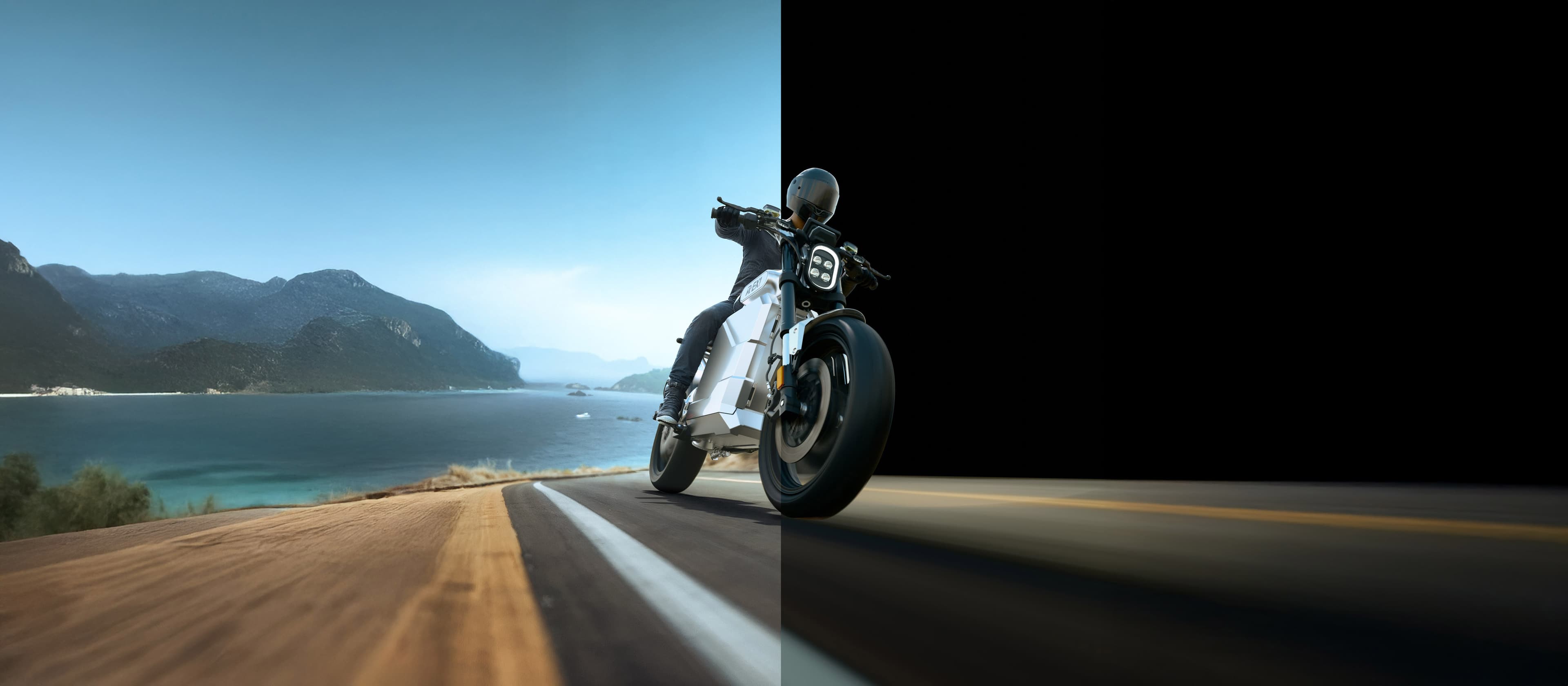 Electric motorcycle on a coastal road, half rendered and half AI-augmented