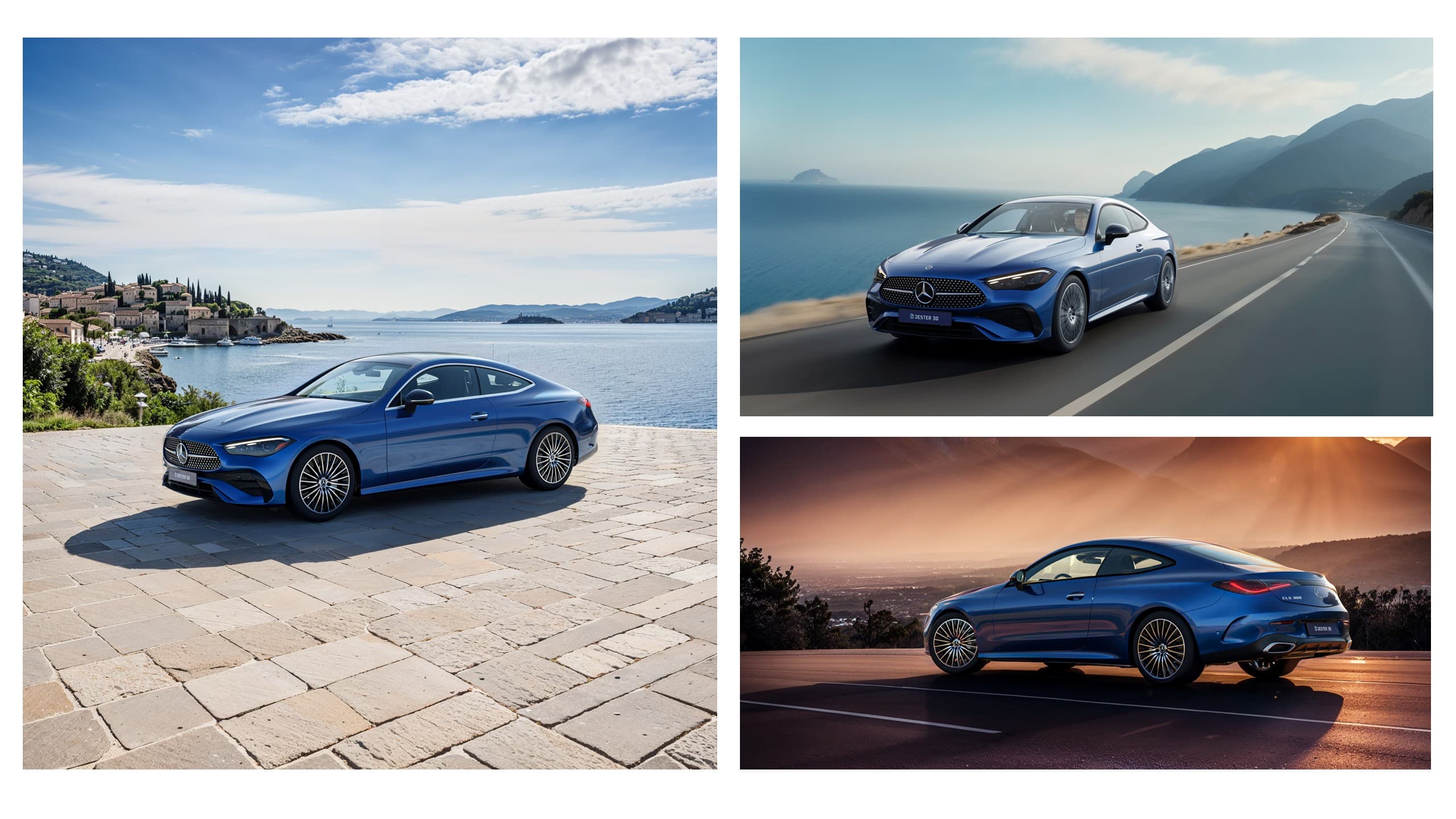 Mercedes-Benz CLE coupé placed in AI-generated coastal and sunset scenes