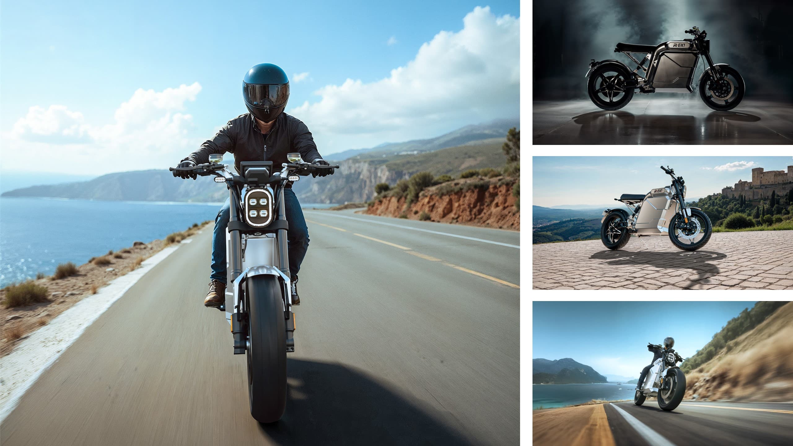 Electric motorcycle digital twin composited into AI-generated road scenes