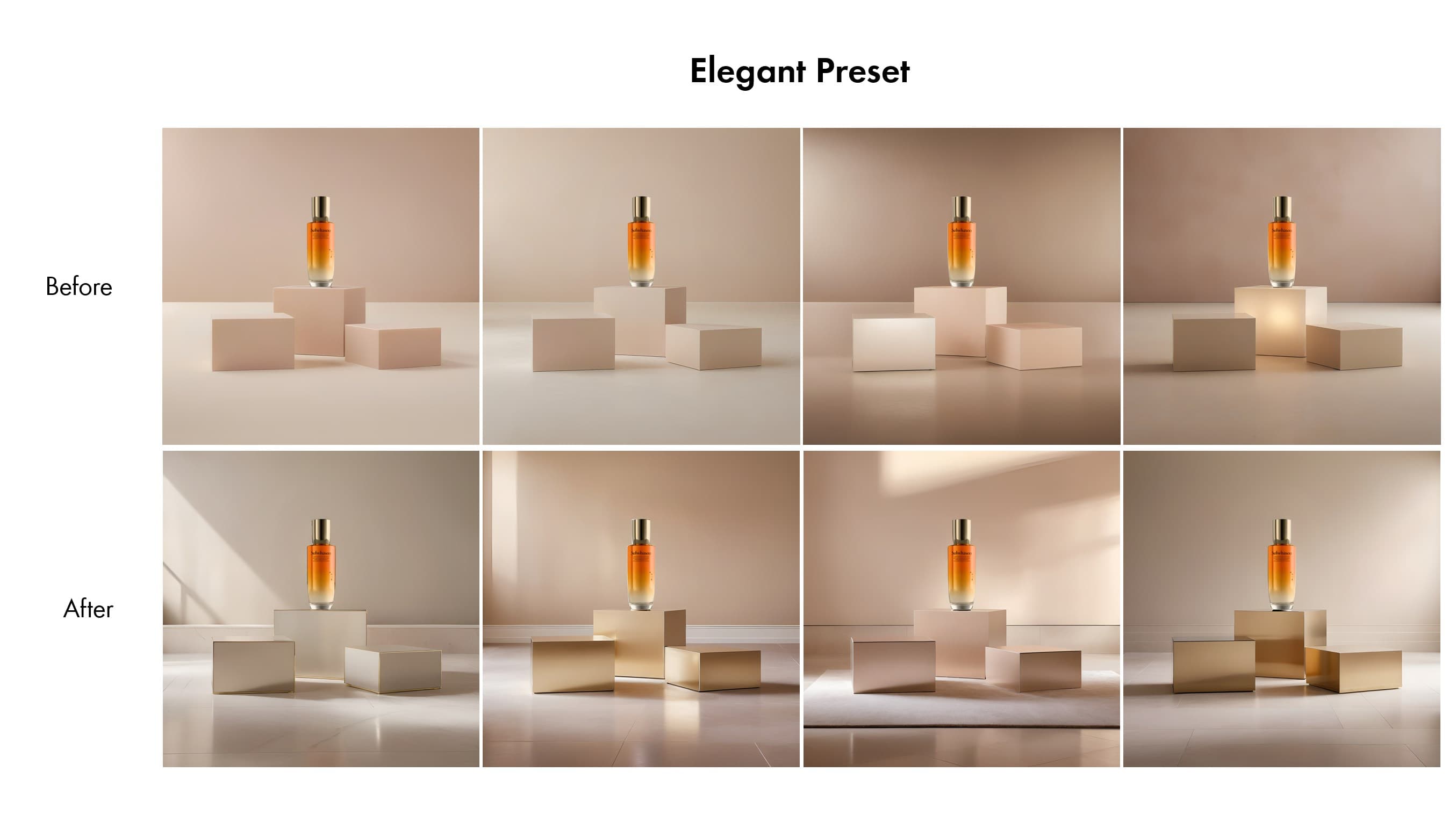 Before and after AI augmentation using an elegant lighting preset