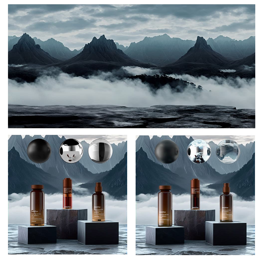 Mountain backdrop generated around rendered cosmetic bottles