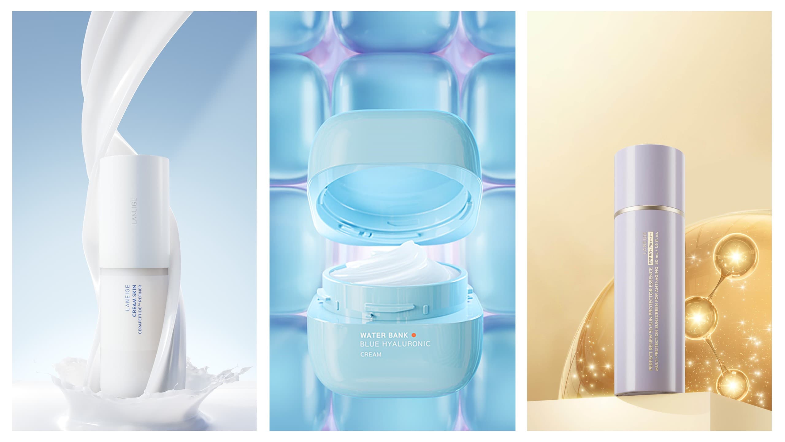 Three skincare products in stylized campaign scenes