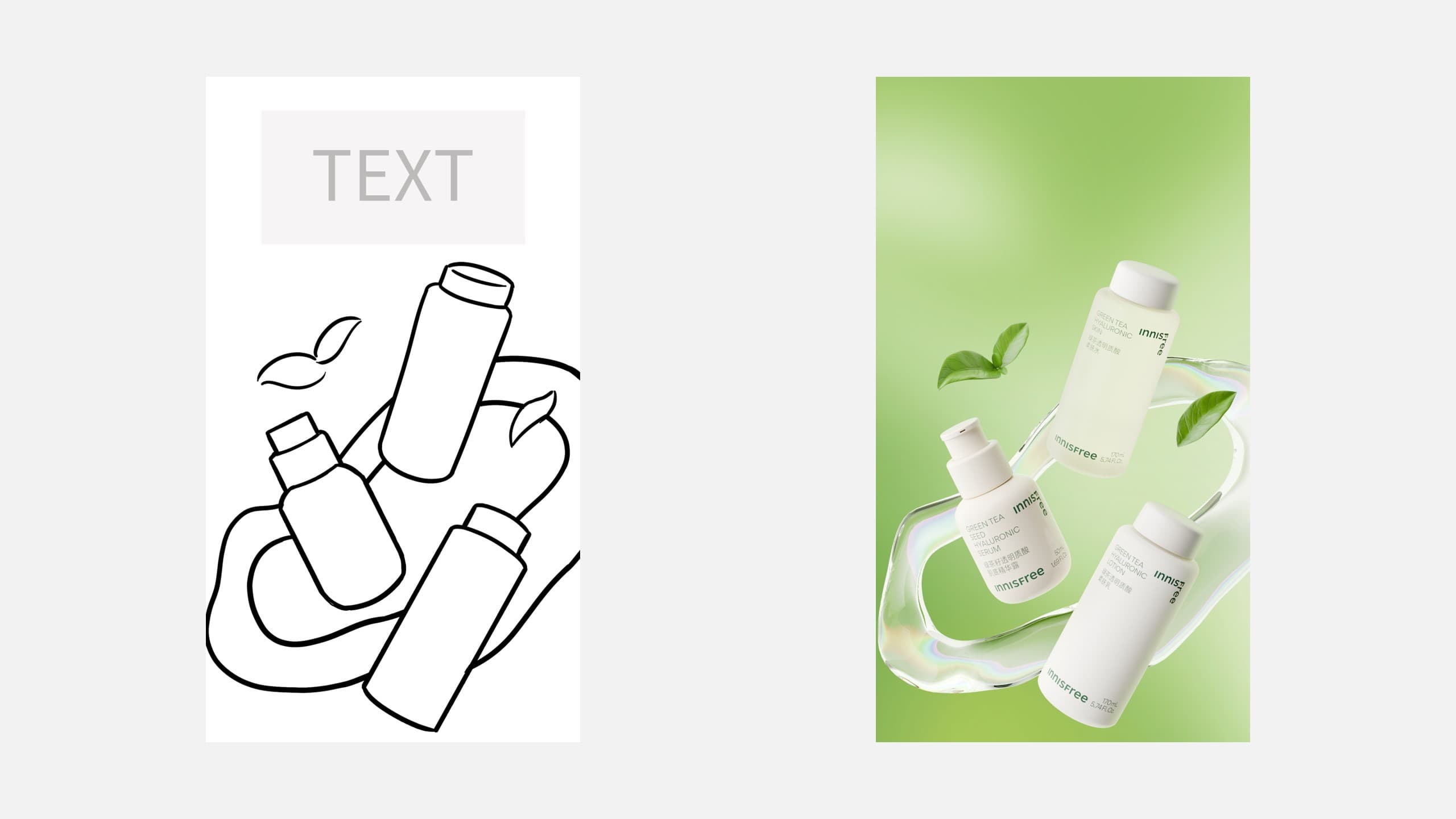 Sketch-to-render comparison for a skincare composition