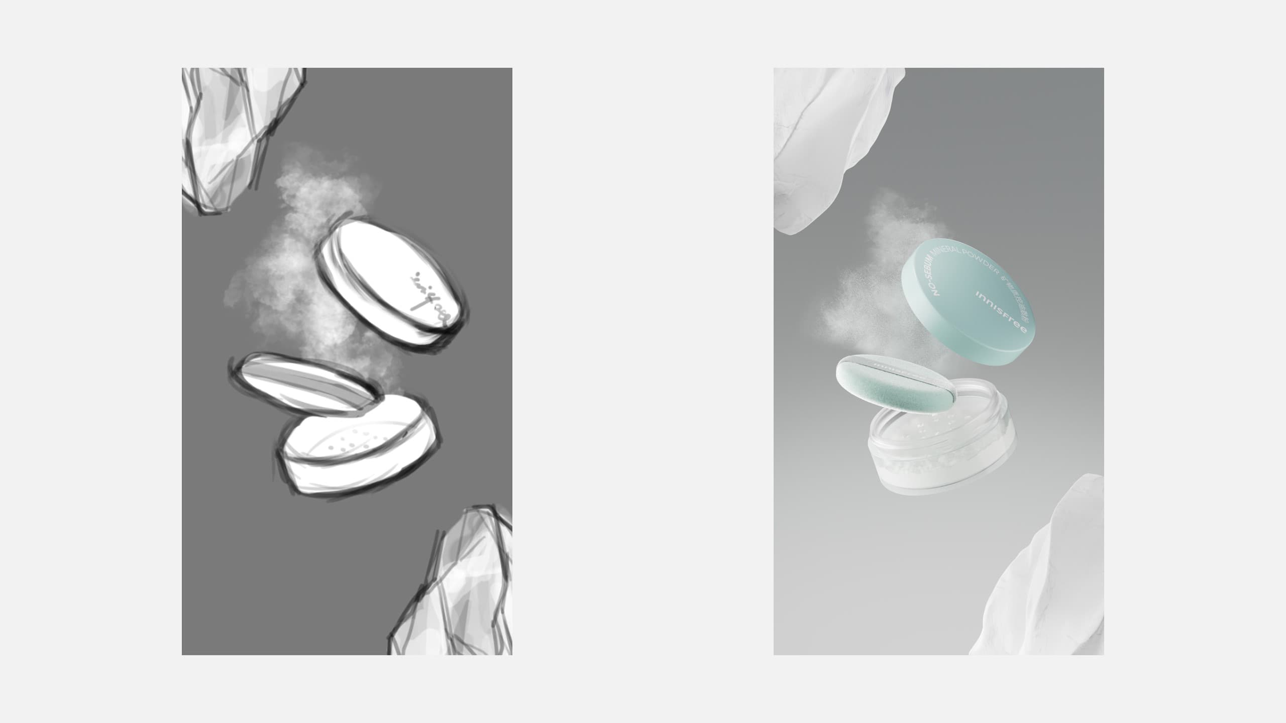 Grey-shaded and final renders of a cushion compact