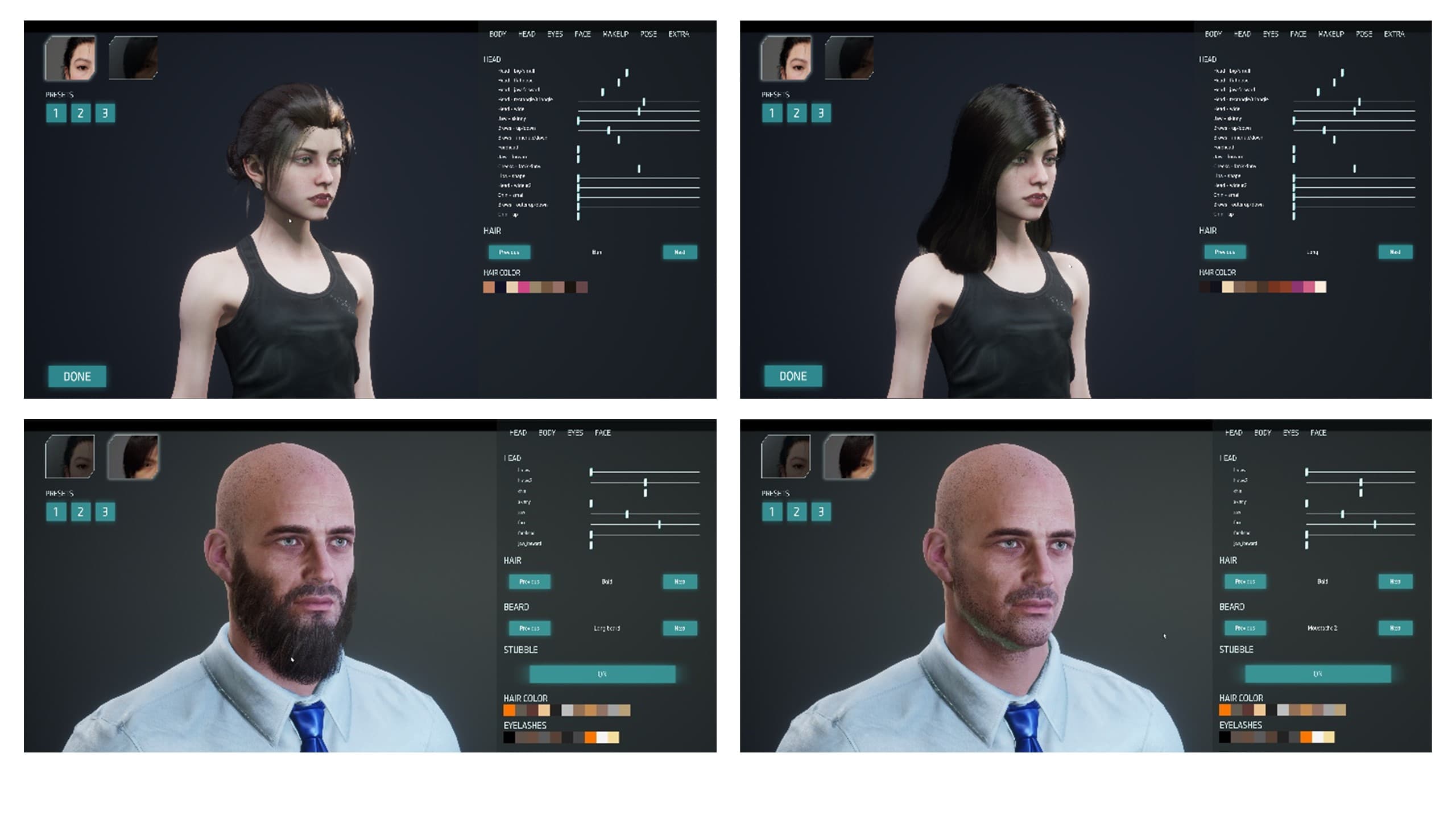 Custom avatar editor showing four character variations