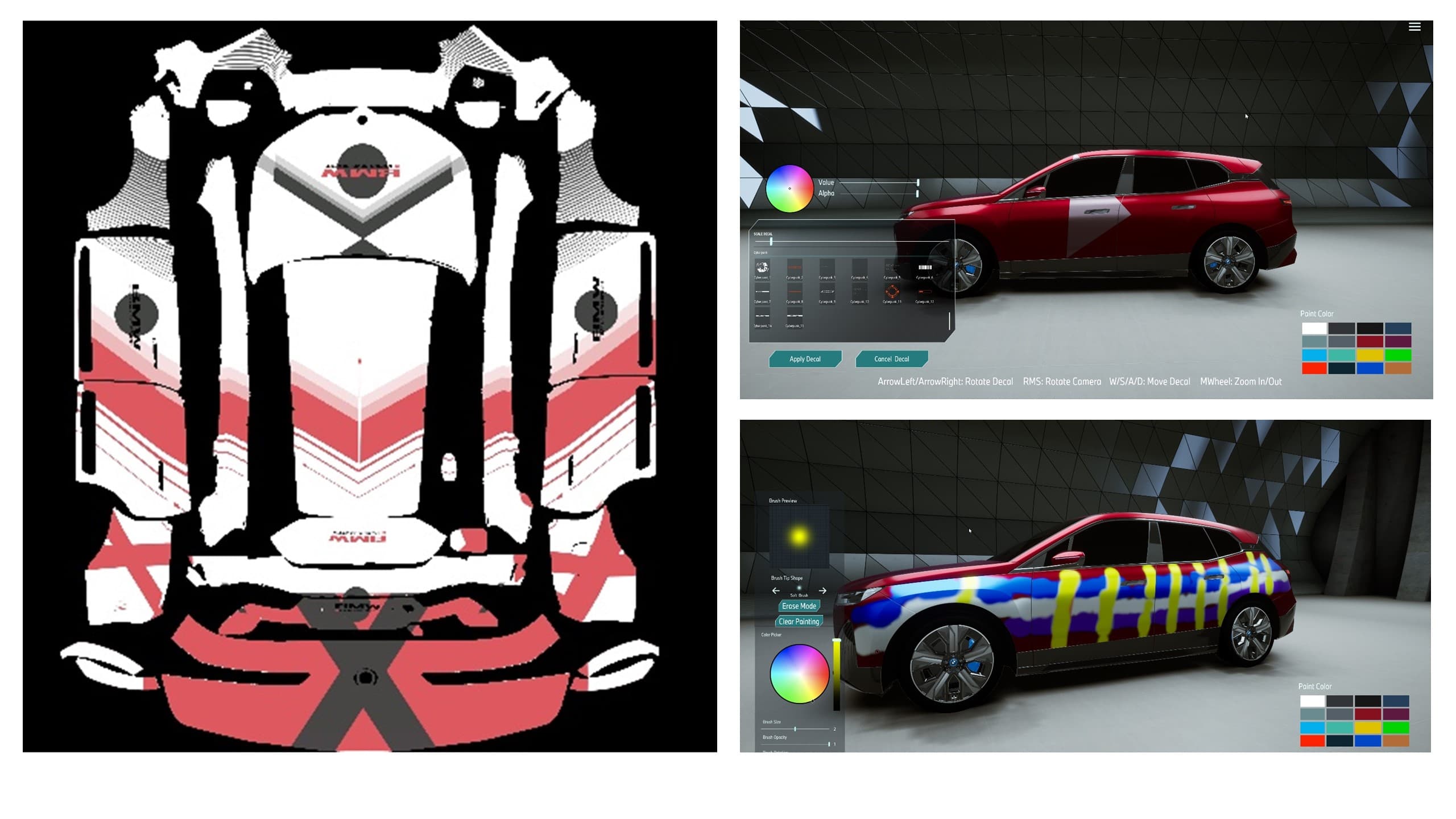 Livery template for the BMW iX next to painted vehicle variants