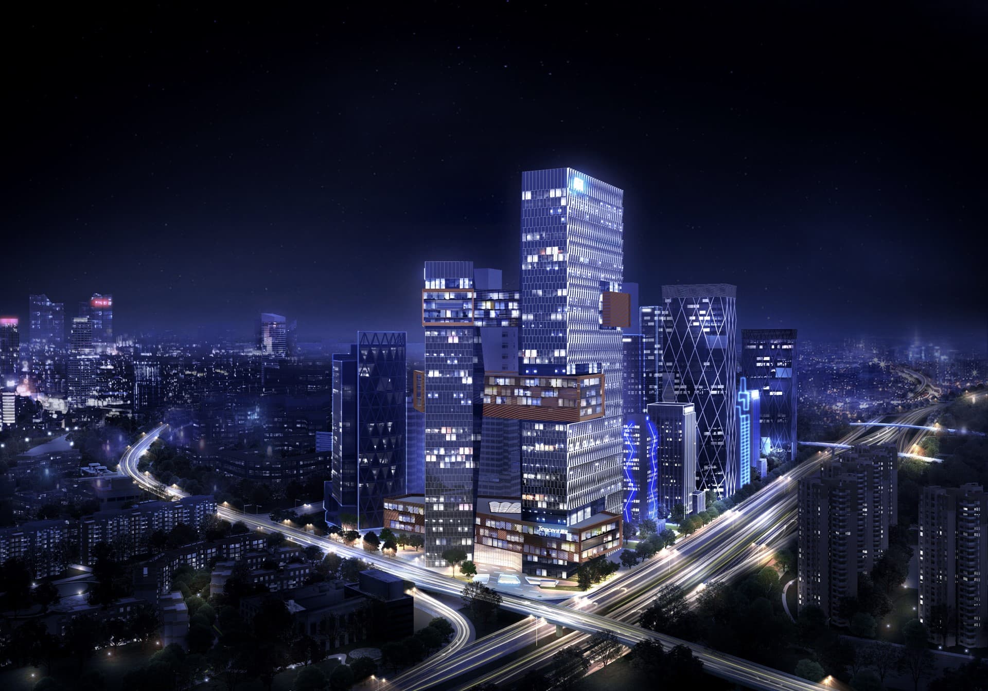 Real-time night view of a city skyline with illuminated highways