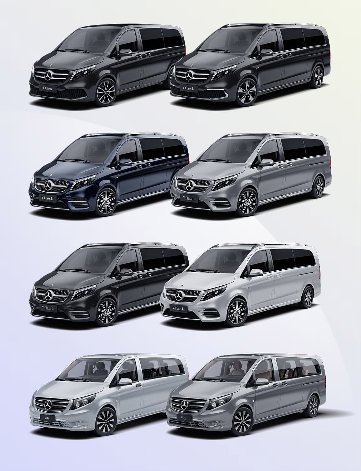 Grid of Mercedes-Benz V-Class and Vito variants in different colours