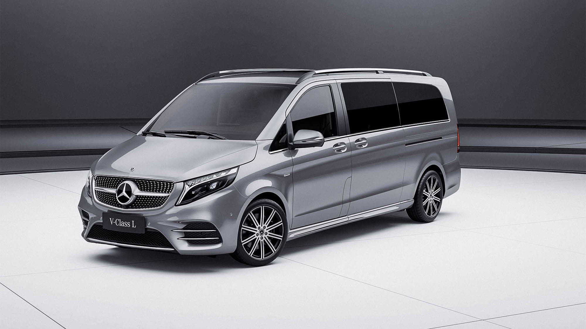 Silver Mercedes-Benz V-Class in a white studio