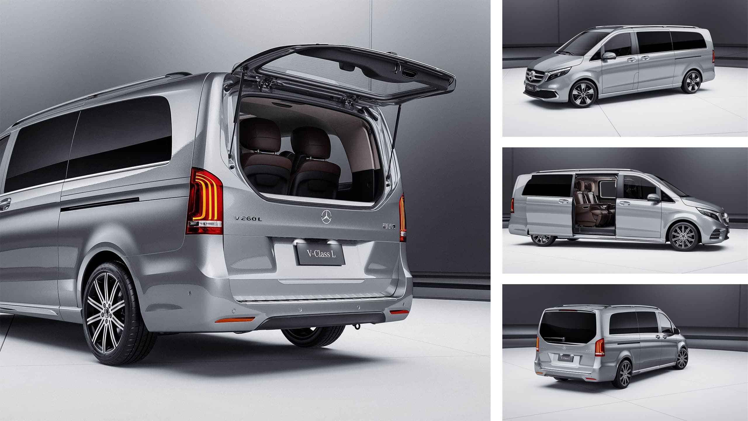 V-Class rear view with tailgate open, plus detail shots