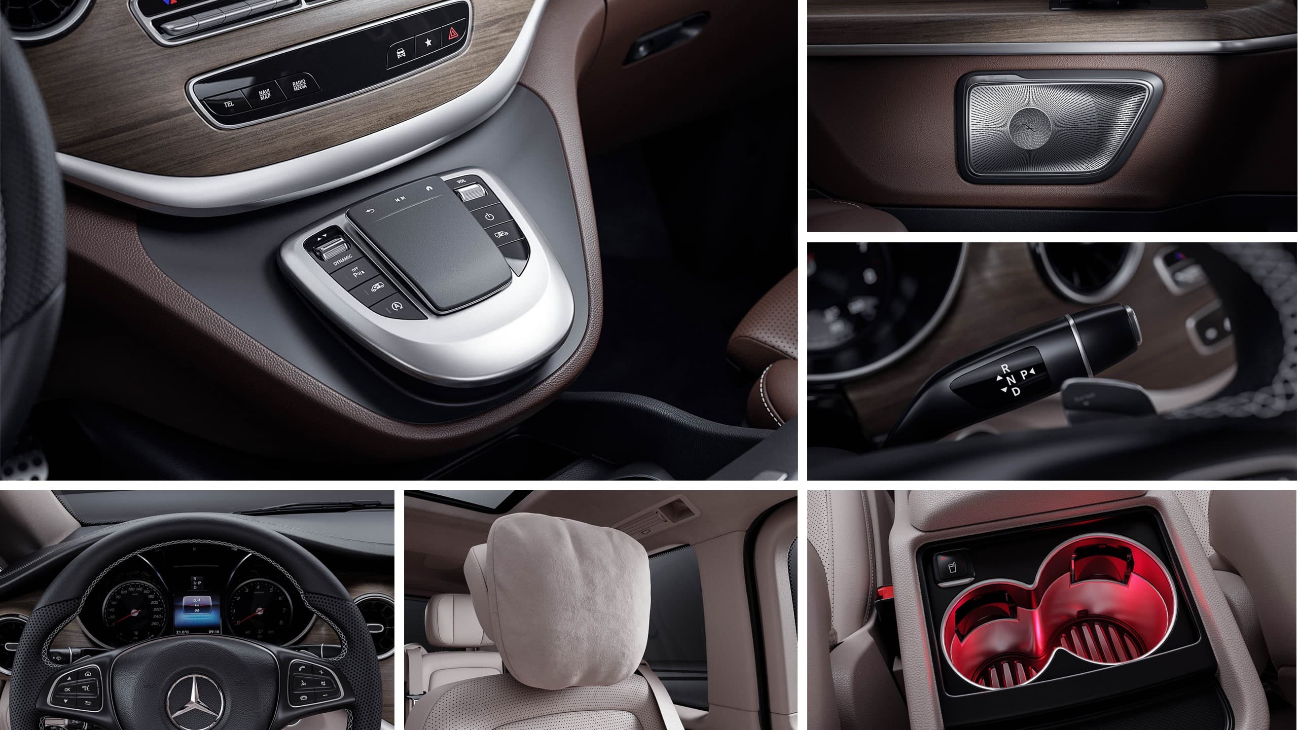 Interior detail renders: controls, steering wheel and ambient lighting