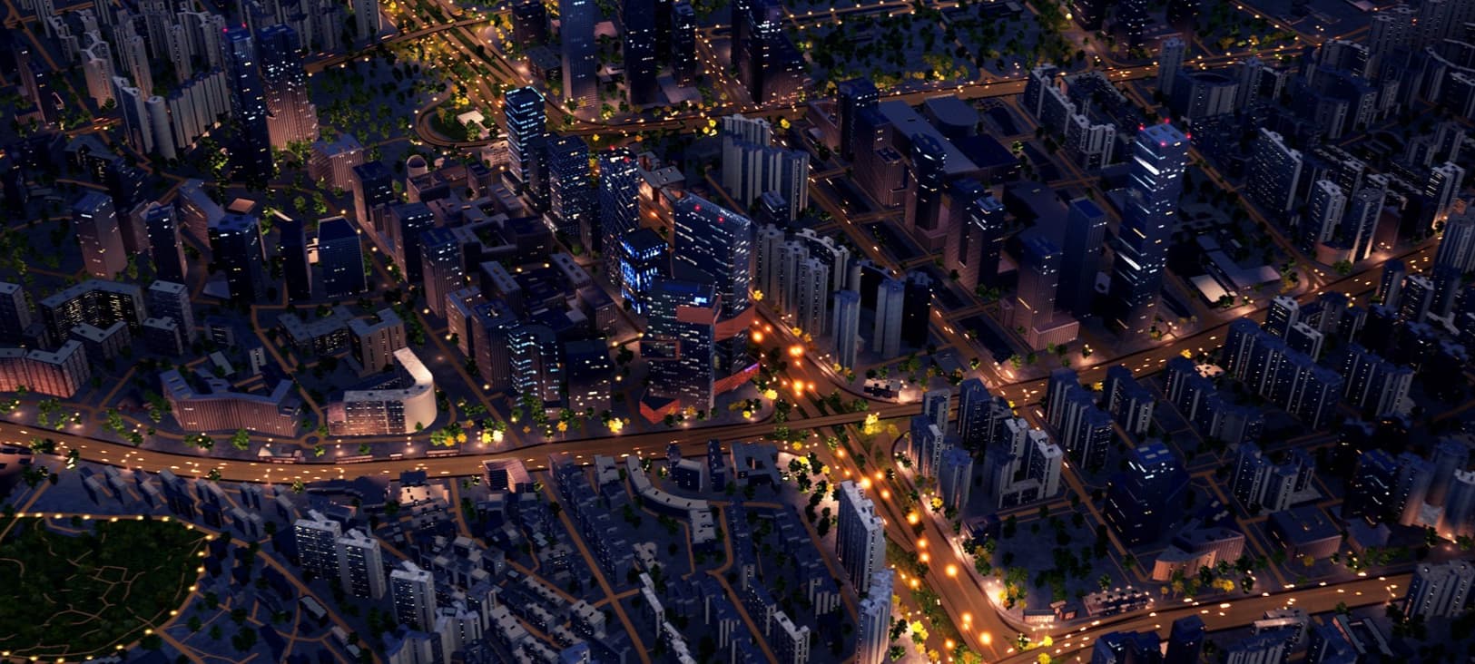 Aerial night view of a city digital twin with lit streets